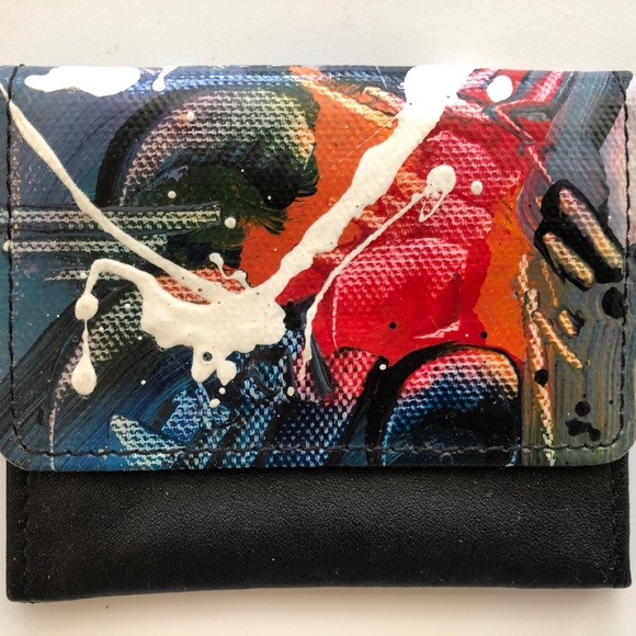 BRUSHSTROKES Handmade Abstract Black Leather Mini Wallet w/ Change Purse NEW! - Picture 1 of 6